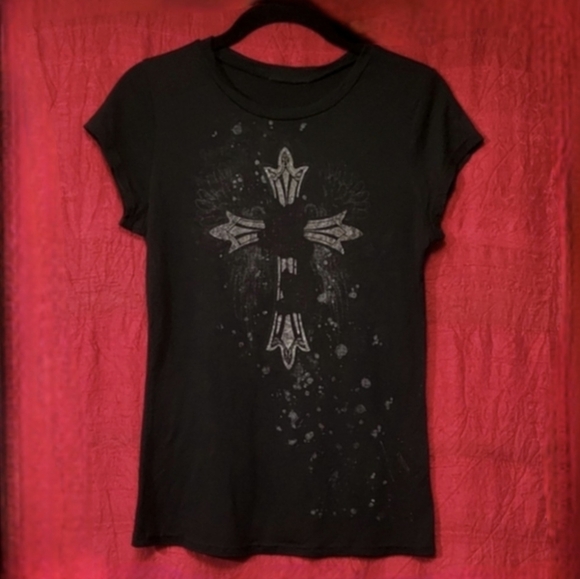 Vtg Y2K abbey dawn blk gothic cross metal red blood spatter mallgoth shirt L - Picture 9 of 17